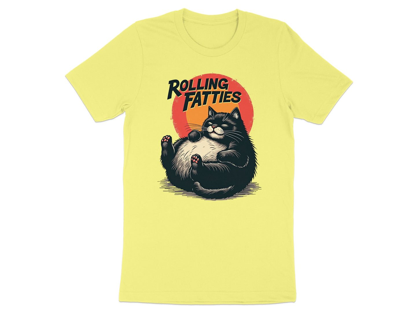 Black cat lounging on stomach with text "Rolling Fatties" on yellow t-shirt.