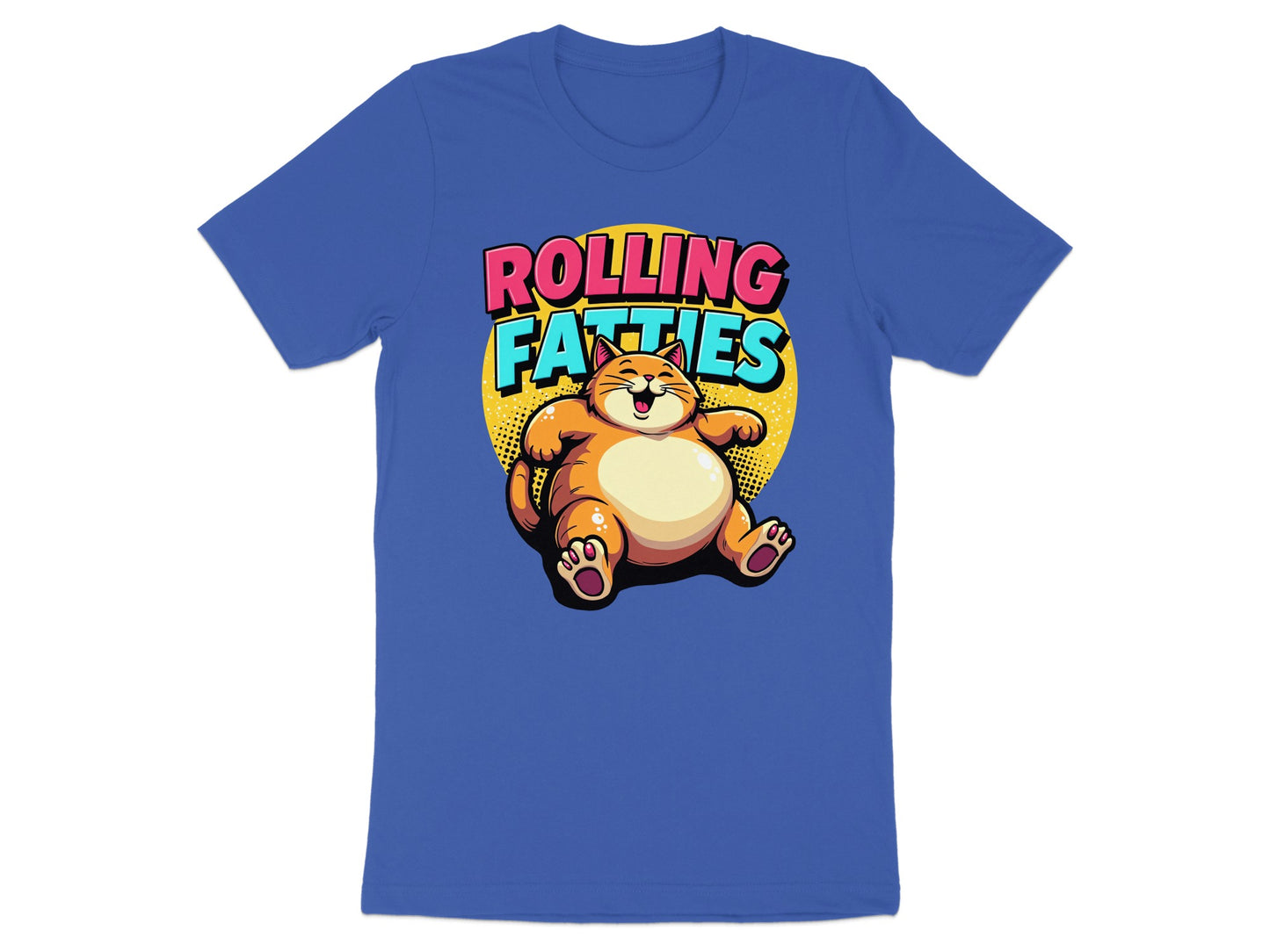Orange cat with "ROLLING FATTIES" text on blue t-shirt.