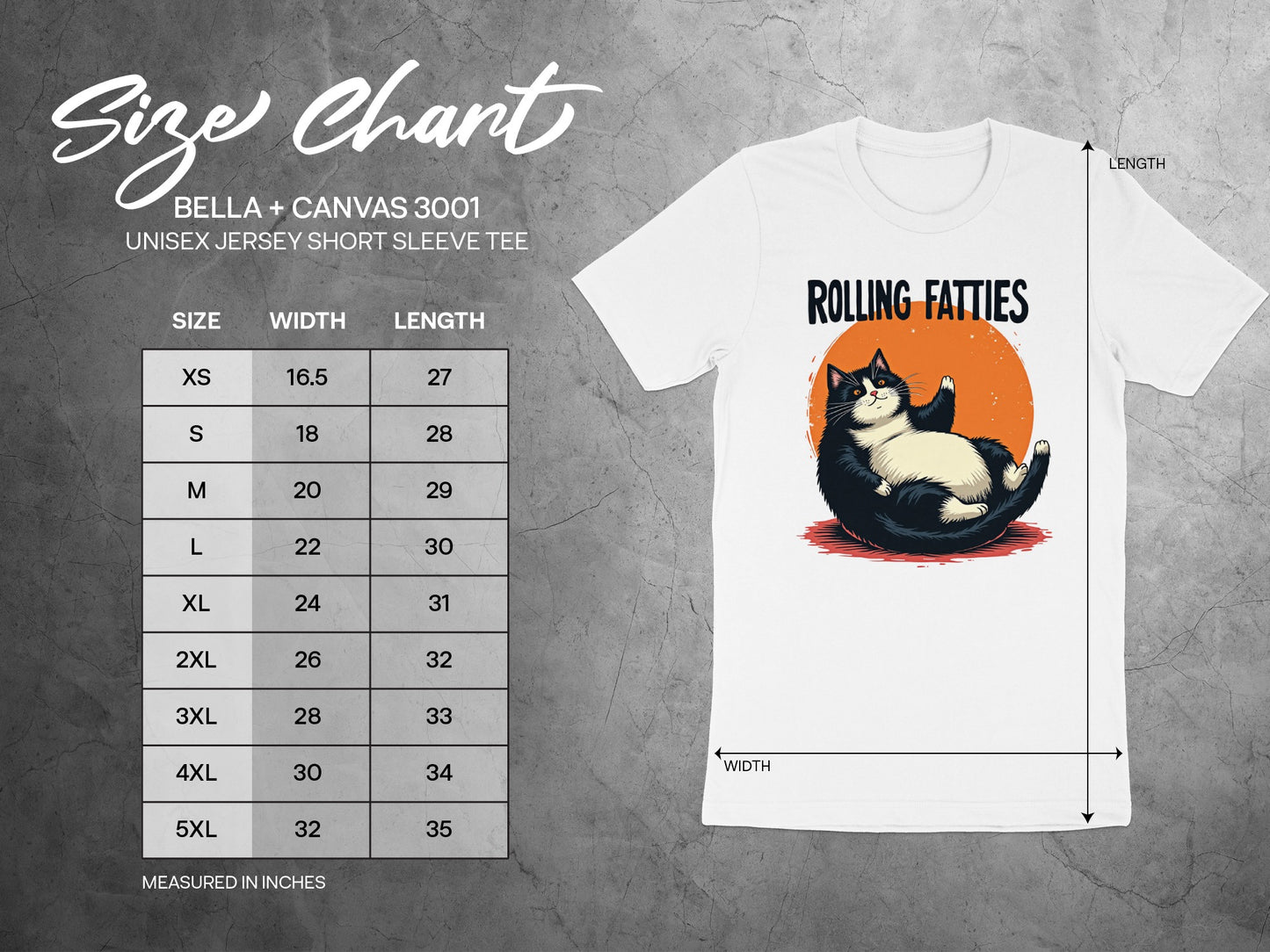 Size chart for Rolling Fatties Bella+Canvas 3001 unisex short sleeve tee.
