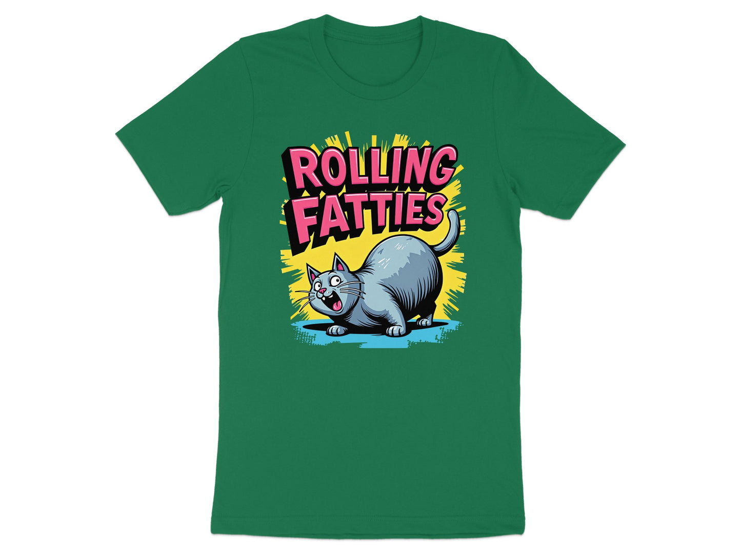 Green t-shirt with cartoon cat and "Rolling Fatties" text.