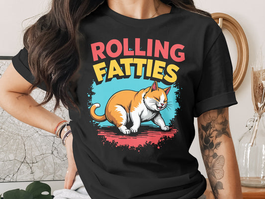 Black t-shirt with a cartoon of a chubby orange and white cat.