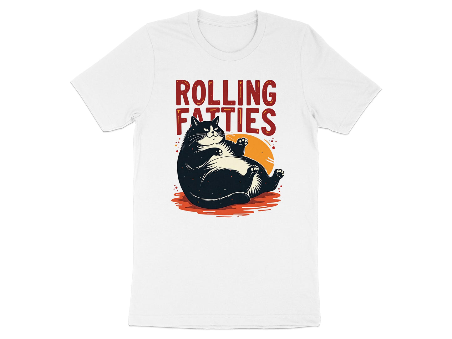 T-shirt with a cartoon cat and "ROLLING FATTTIES" text.