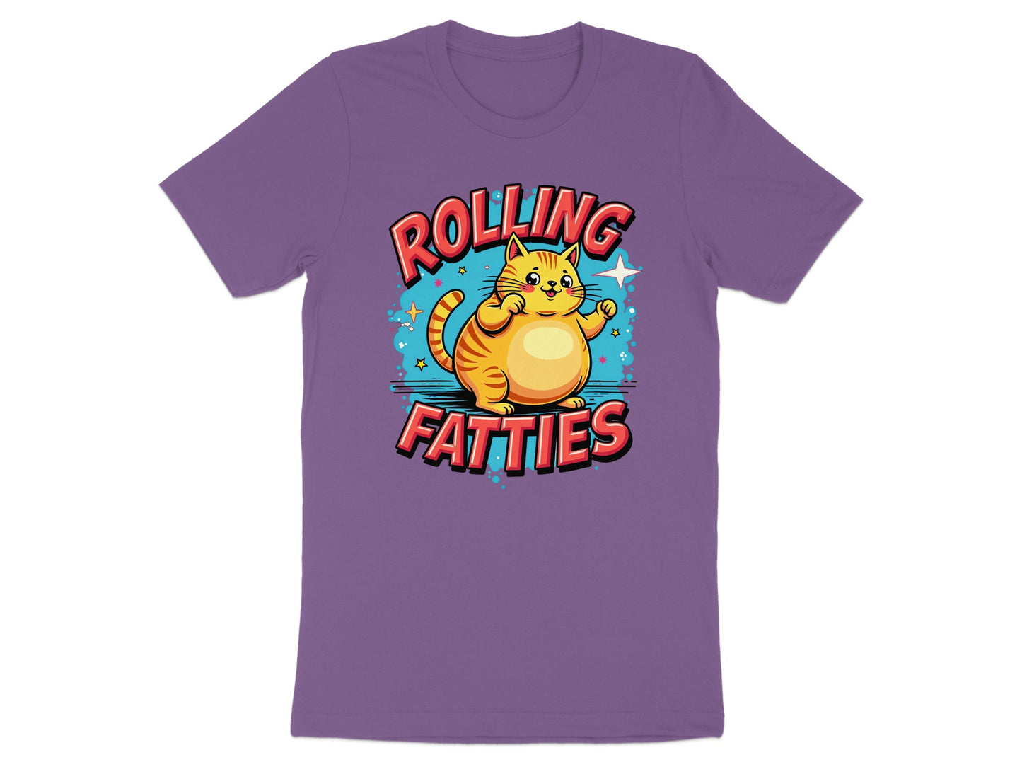Purple t-shirt with cartoon cat and text "Rolling Fatties".