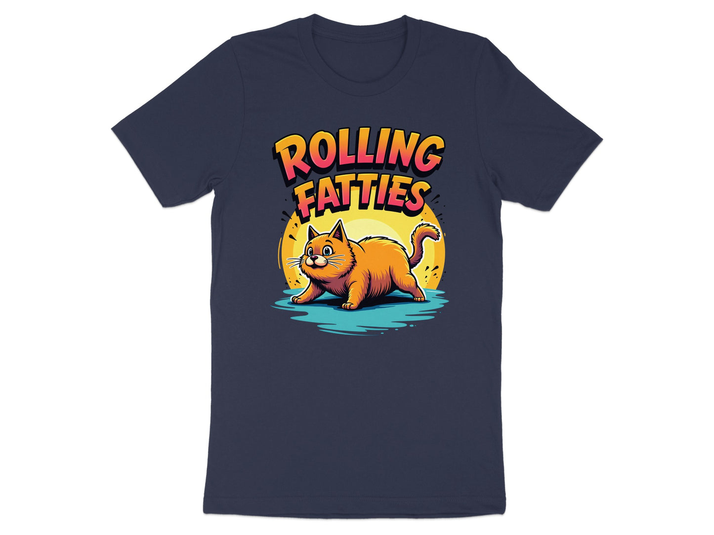 Orange cat with "Rolling Fatties" text, walking on a blue ground.