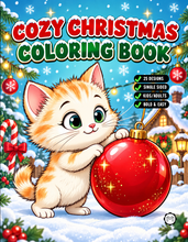 Load image into Gallery viewer, Cozy Christmas Coloring Book for Kids Adults: 25 Bold Easy Single Sided Holiday Coloring Pages with Cute Kitten Santa Snowman Designs
