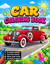 Load image into Gallery viewer, Printed Car Coloring Book for Kids Adults 25 Easy Vehicle Designs Physical Auto Activity Book Single Sided Pages Race Cars Off Road
