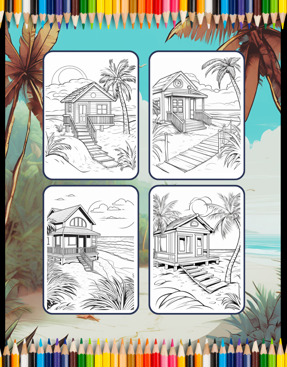 Vacation Beach Theme Relaxation Coloring Book 50 Pages Tropical Beach Homes Coloring Book Birthday Holiday Gift for Adults Men Women Kids Boys Girls