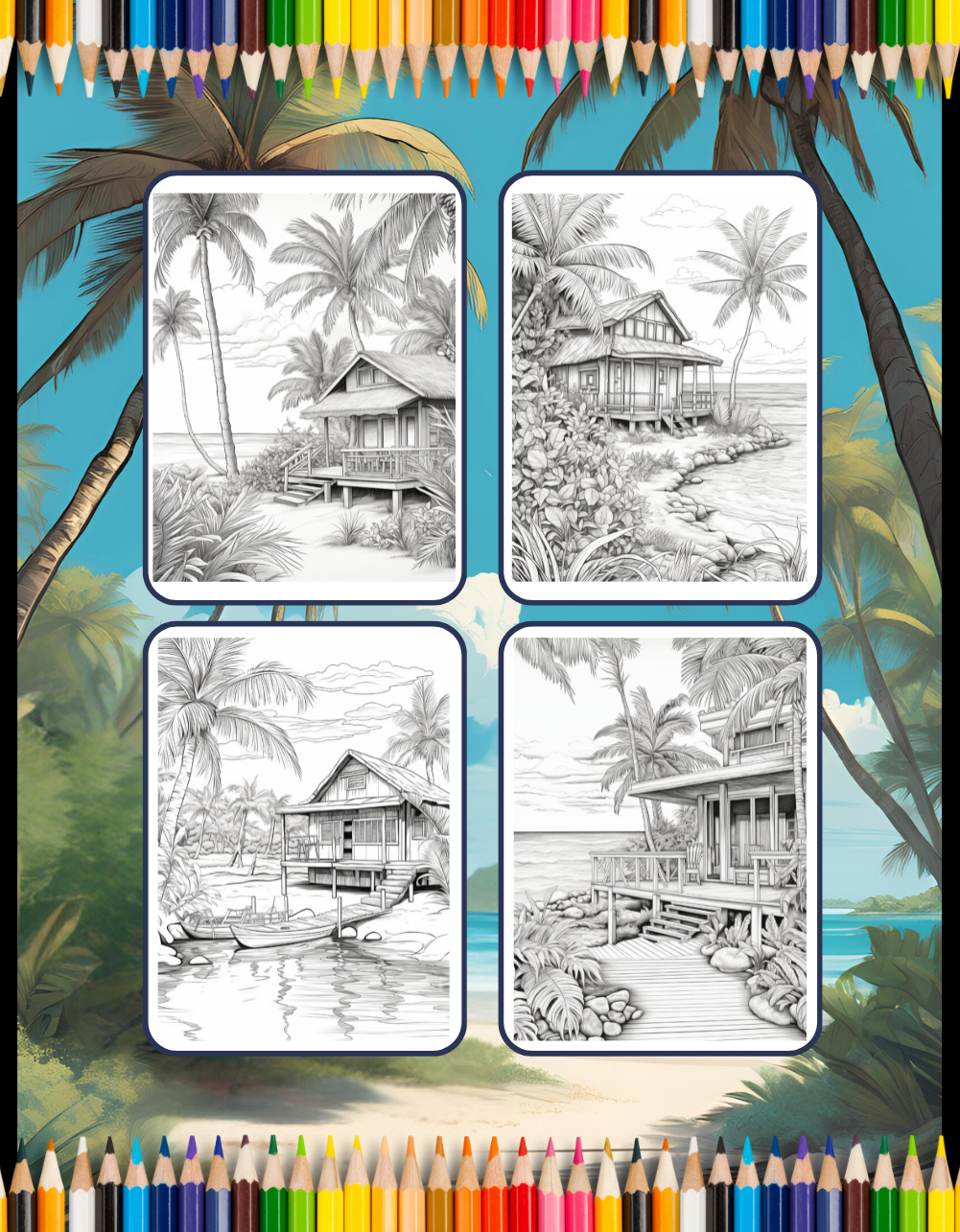 Tropical Beach Homes Coloring Book Birthday Holiday Gift Adults Men Women Kids Boys Girls Teens 50 Pages Beach Life Coloring Activity Book