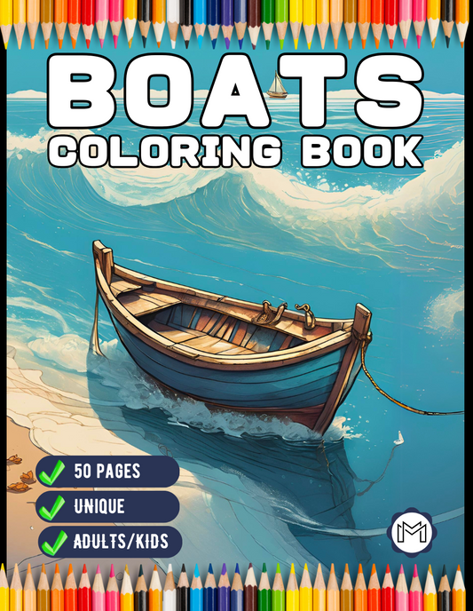 50 Pages Fishing Boat Coloring Book Gift for Adults Kids Men Women Boys Girls Teens Youth Bold and Easy Motor Boat Coloring Sheets Children