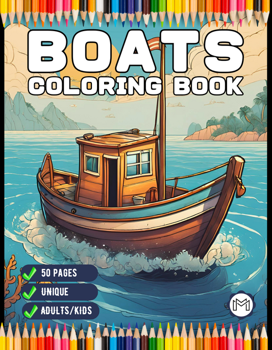 50 Pages Fishing Boat Coloring Book Gift for Adults Kids Men Women Boys Girls Teens Youth Boat Fishing Sailboat Race Boat Lover Relaxation