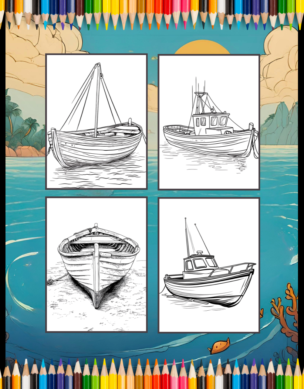 50 Pages Fishing Boat Coloring Book Gift for Adults Kids Men Women Boys Girls Teens Youth Boat Fishing Sailboat Race Boat Lover Relaxation