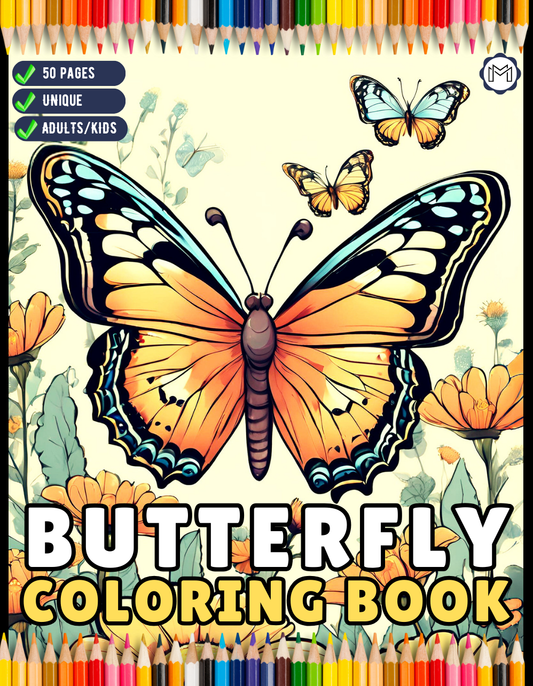 50 Pages Cute Butterfly and Flower Coloring Book Holiday Birthday Gift Present for Adults Kids Men Women Boys Girls Teens Butterfly Floral