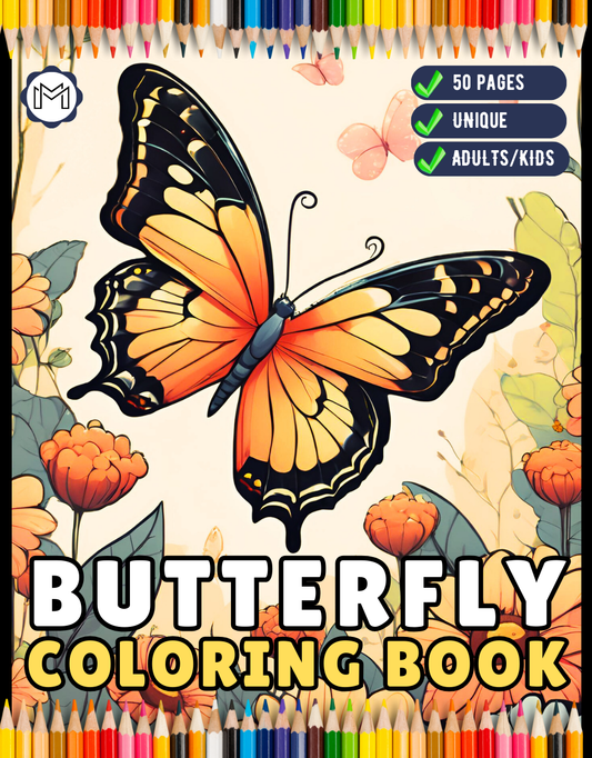 50 Pages Cute Butterfly and Flower Coloring Book Holiday Birthday Gift Present for Adults Kids Men Women Boys Girls Teens Beautiful Bold and Easy