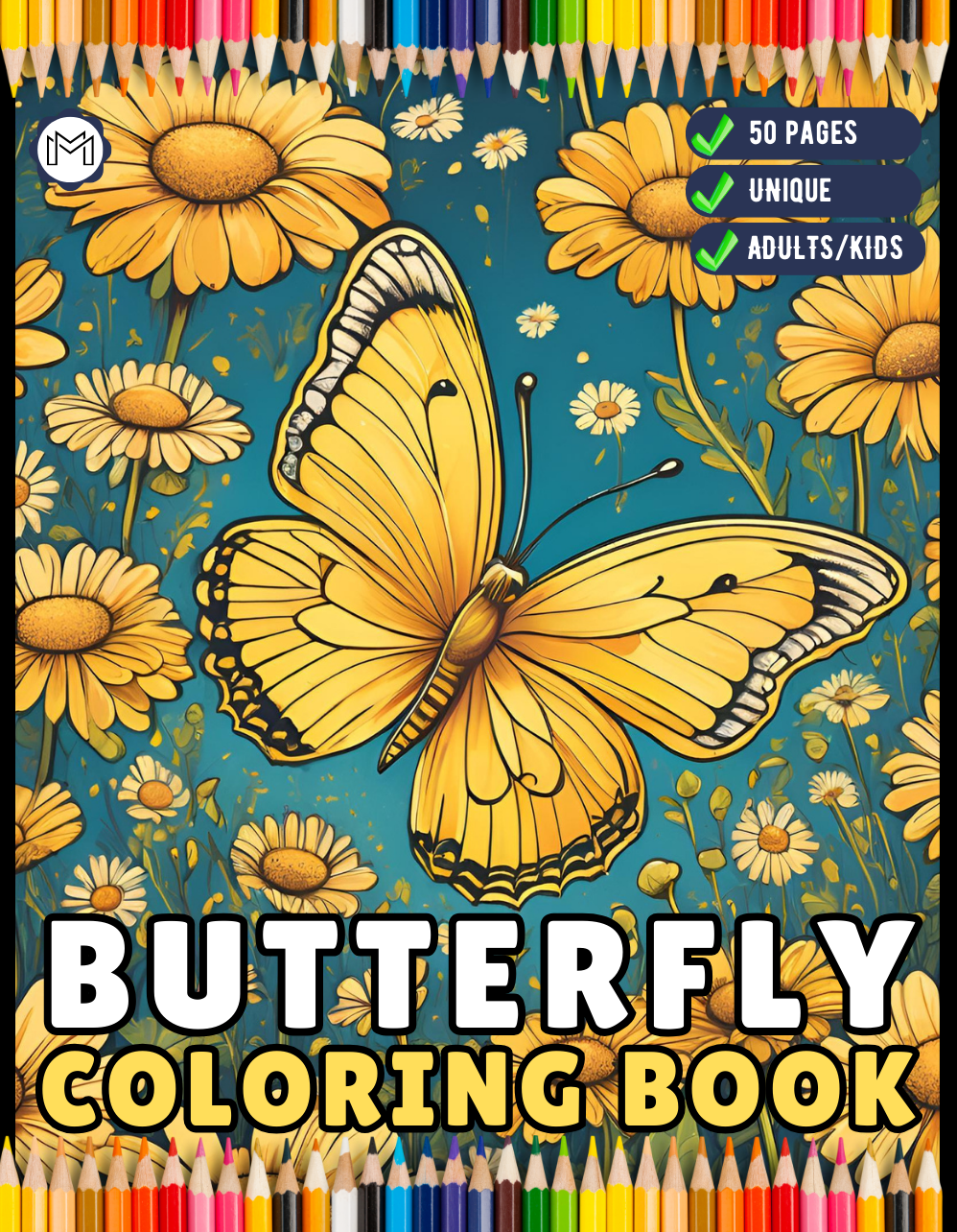 50 Pages Cute Butterfly and Flower Coloring Book Holiday Birthday Gift Present for Adults Kids Men Women Boys Girls Teens Bold and Easy