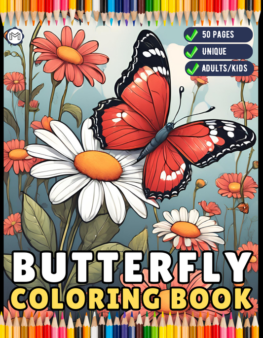 50 Pages Cute Butterfly and Flower Coloring Book Holiday Birthday Gift Present for Adults Kids Men Women Boys Girls Teens Bold and Easy