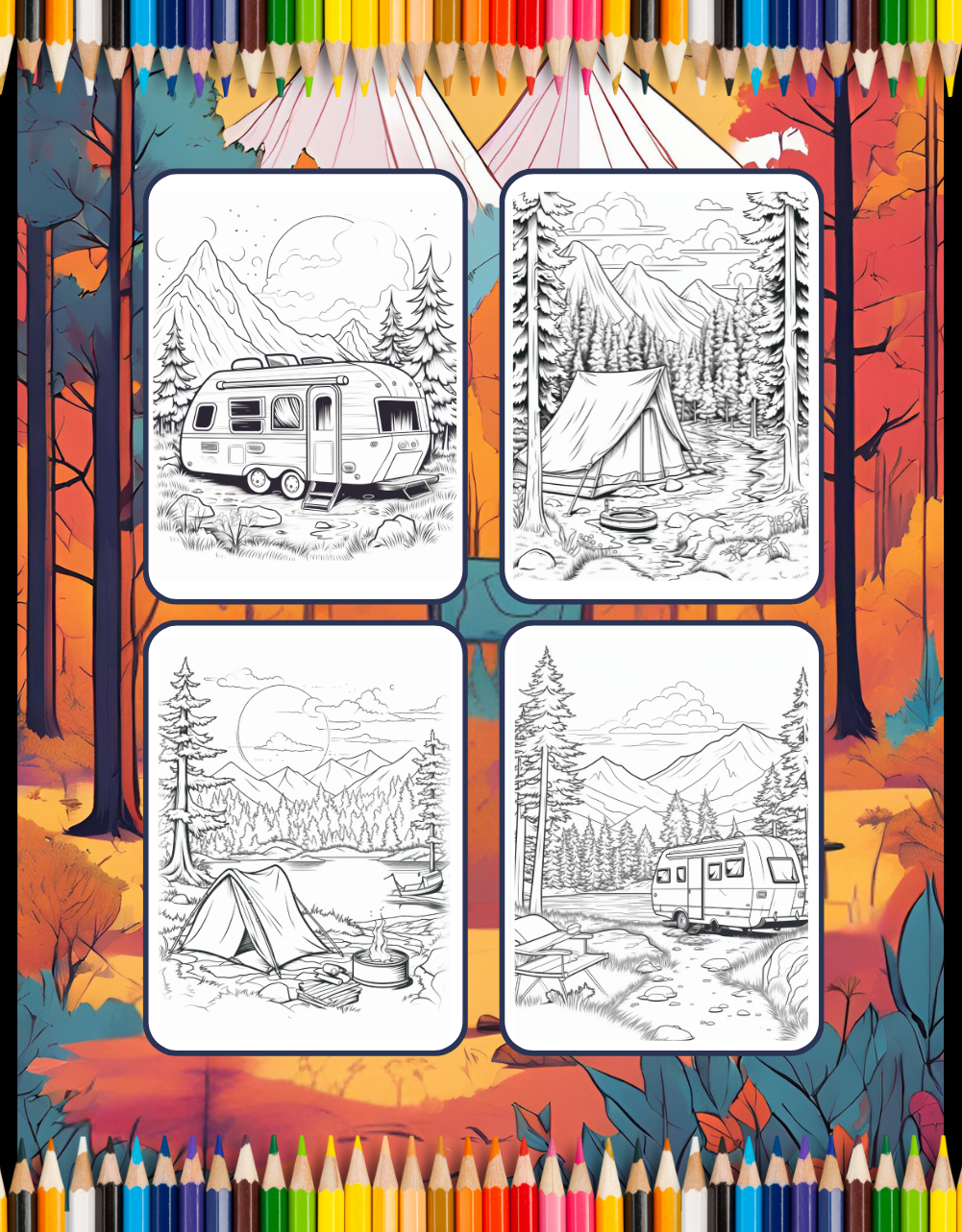 50 Pages Camping Coloring Book Gift for Adults Kids Ages Men Women Boys Girls Teens Youth Holiday Birthday Present Nature Coloring Sheets