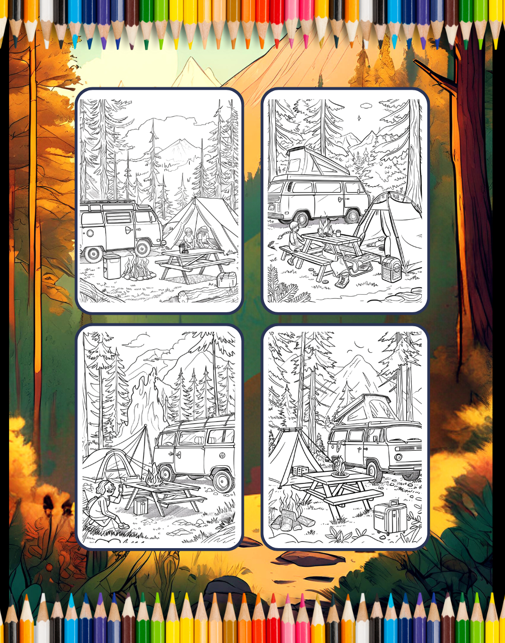 Summer Camp Campfire Landscape Coloring Book 50 Pages Camping Coloring Book Gift for Adults Kids Ages Men Women Boys Girls Teens Youth