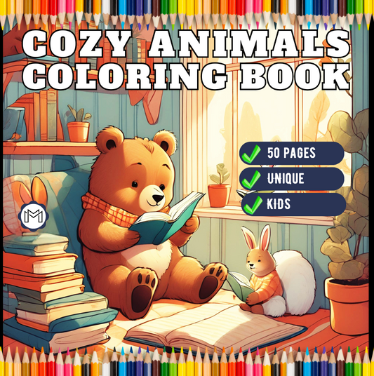 50 Pages Cozy Animals Coloring Book Gift for Kids Boys Girls Teens Children Friends Cute Bear Bunny Frog Alligator Dog Cat Coloring Activity