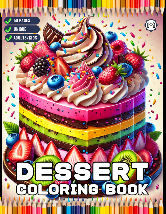 50 Pages Cozy Dessert Foodie Food Lover Coloring Book for Adults Kids Men Women Boys Girls Teens Youth Simple Bold and Easy Dessert Coloring