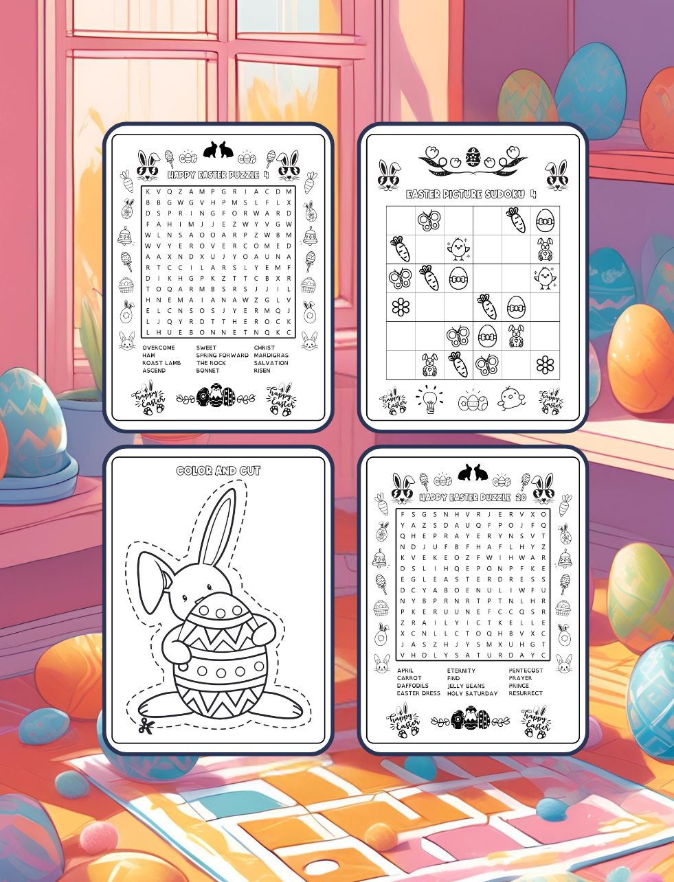 50 Pages Happy Easter Bunny Rabbit Activity Book Gift for Kids Preschool Ages Boys Girls Teens Youth Coloring Drawing Cutting Mazes Puzzles