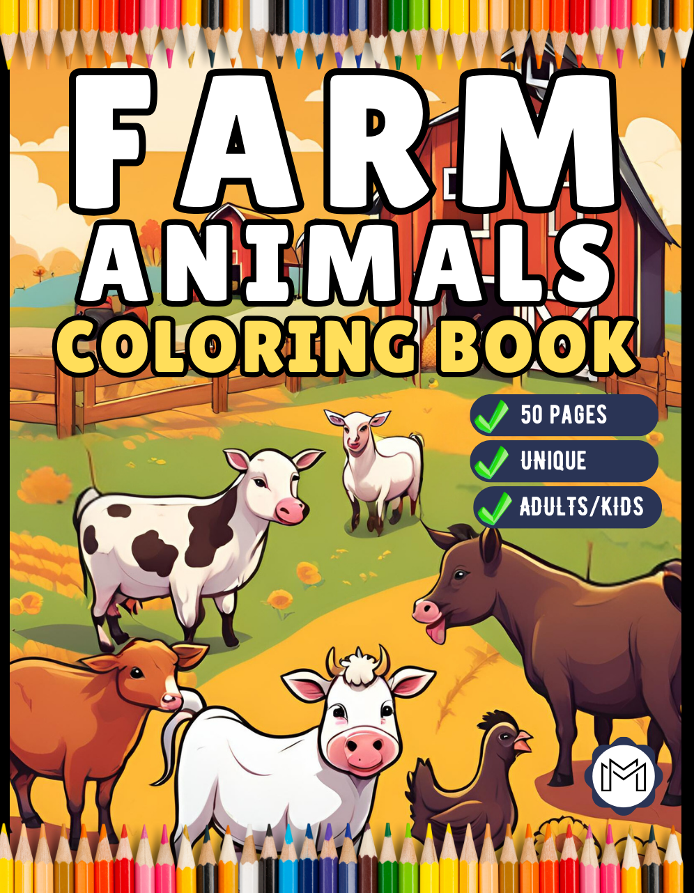 50 Pages Cute Farm Animals Coloring Book Gift for Adults Kids Men Women Boys Girls Children Country Farm Animals Cow Sheep Coloring Sheets