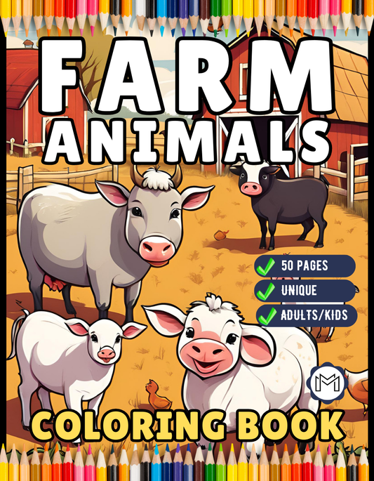 50 Pages Cute Farm Animals Coloring Book Gift for Adults Kids Men Women Boys Girls Children Bold Easy Farm Coloring Activity Book for Kids