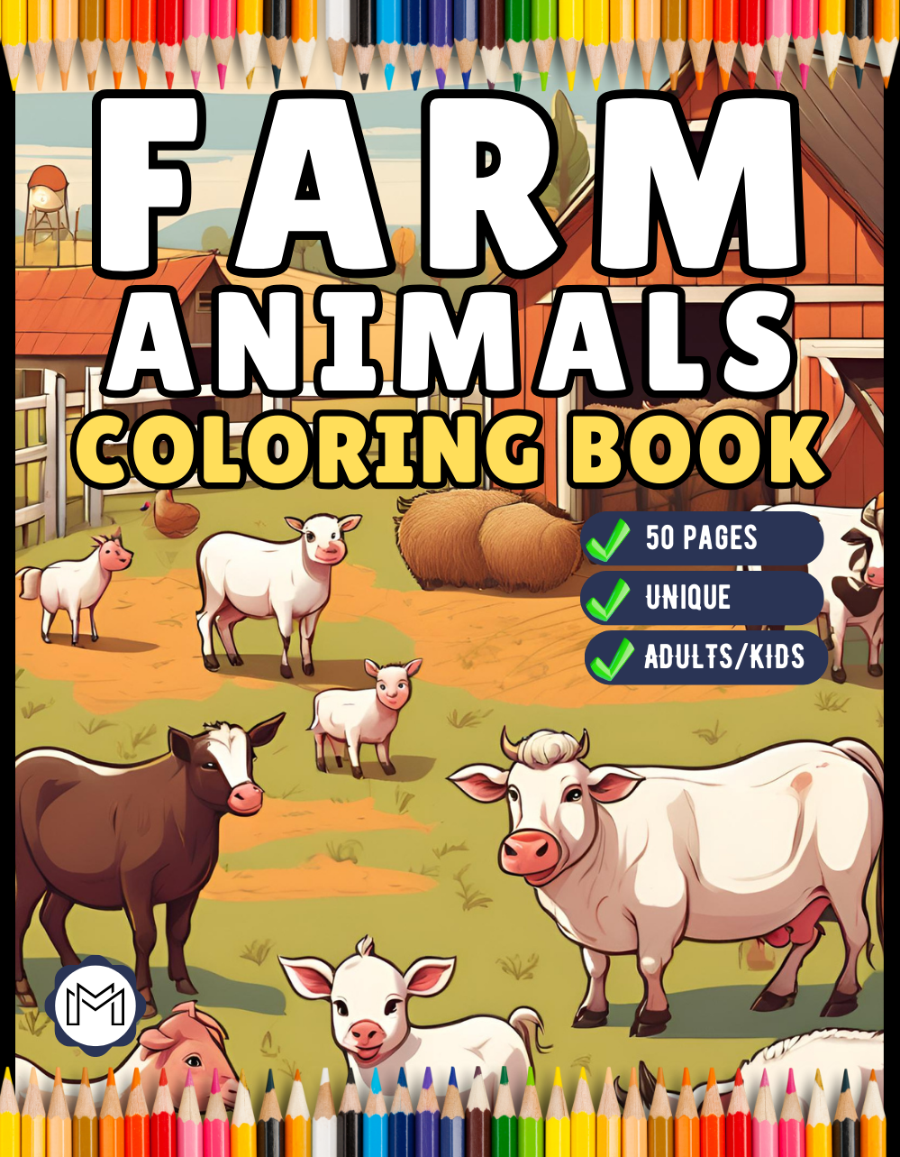 50 Pages Cute Farm Animals Coloring Book Gift for Adults Kids Men Women Boys Girls Children Bold Easy Farm Coloring Activity Book for Kids