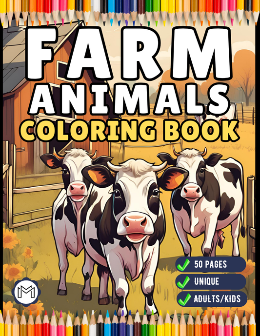 50 Pages Cute Farm Animals Coloring Book Gift for Adults Kids Men Women Boys Girls Children Country Farm Animals Cow Sheep Coloring Sheets