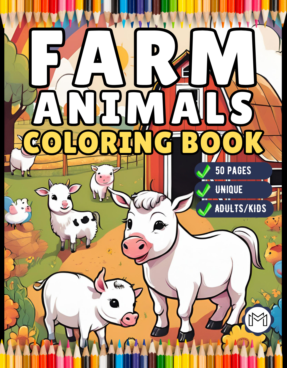 50 Pages Cute Farm Animals Coloring Book Gift for Adults Kids Men Women Boys Girls Children Country Farm Animals Cow Sheep Coloring Sheets