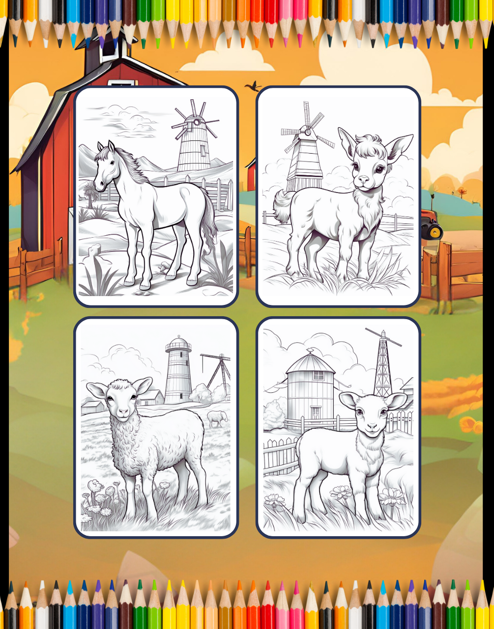 50 Pages Cute Farm Animals Coloring Book Gift for Adults Kids Men Women Boys Girls Children Country Farm Animals Cow Sheep Coloring Sheets