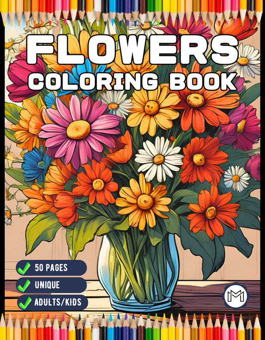 Valentines Art Flowers Coloring Book Gift for Adults Kids Men Women Boys Girls Teens 50 Pages Cute Floral Coloring Pages for Children Youth