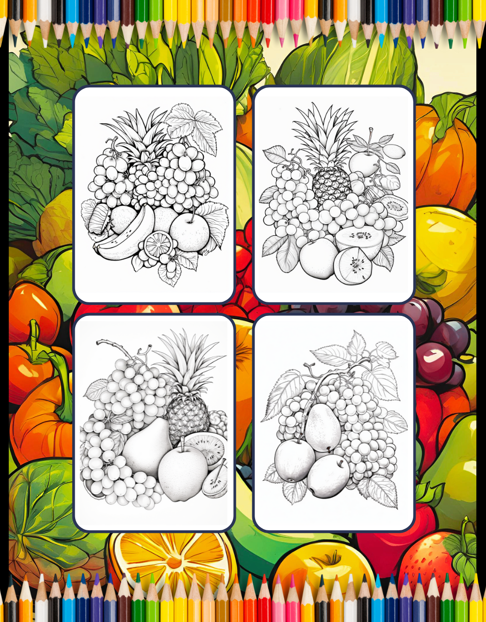 50 Pages Fruit Vegetable Coloring Book for Adults Kids Men Women Kids Boys Girls Teens Cute Healthy Fruit Veggie Plant Food Coloring Sheets