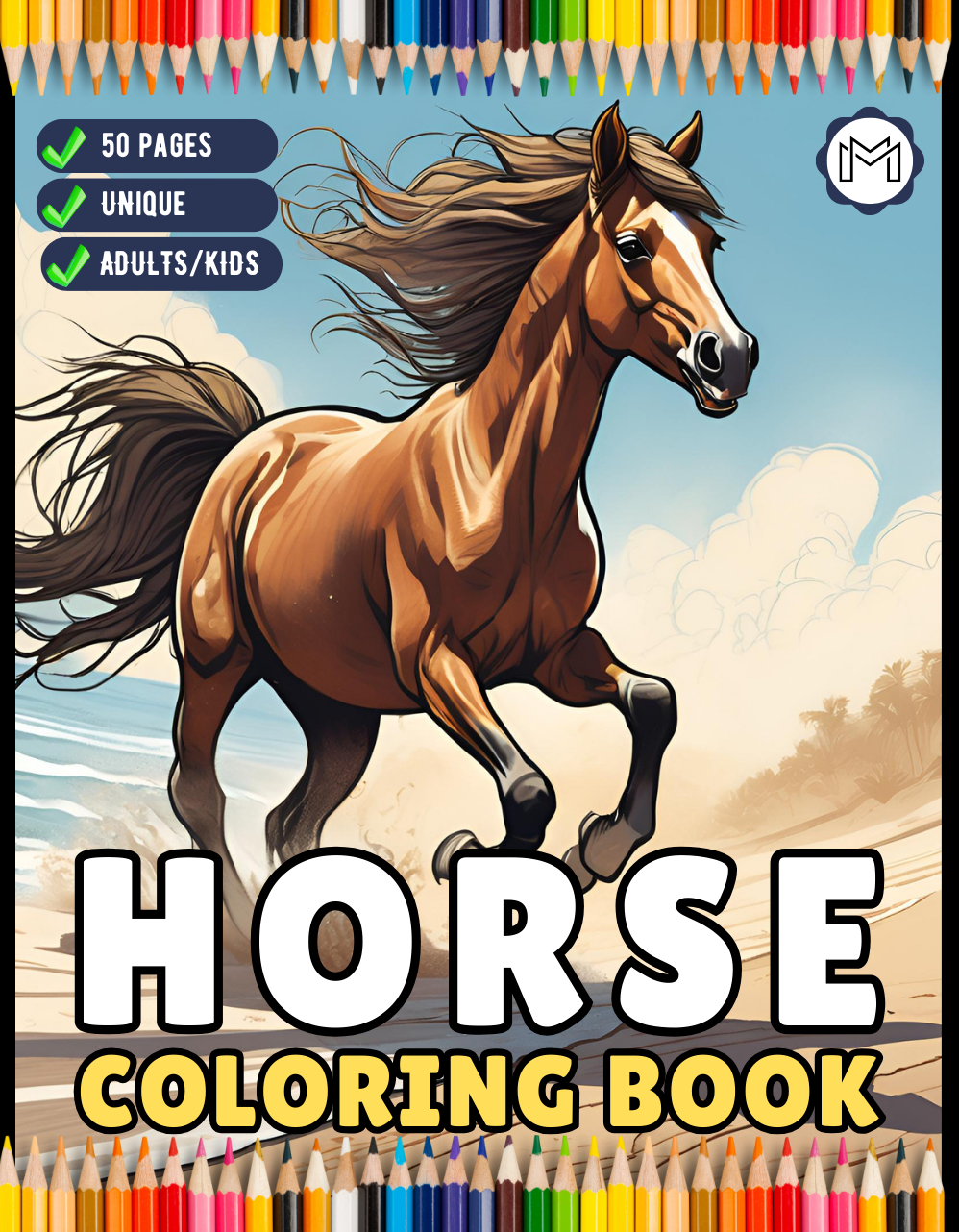 50 Pages Horse Coloring Book Gift for Adults Kids Men Women Kids Boys Girls Teens Cute Horse Animal Coloring Activity Sheets for Farmers