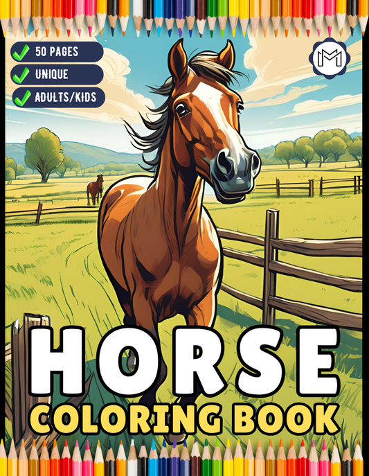 50 Pages Horse Coloring Book Gift for Adults Kids Men Women Kids Boys Girls Teens Cute Horse Animal Coloring Activity Sheets for Farmers