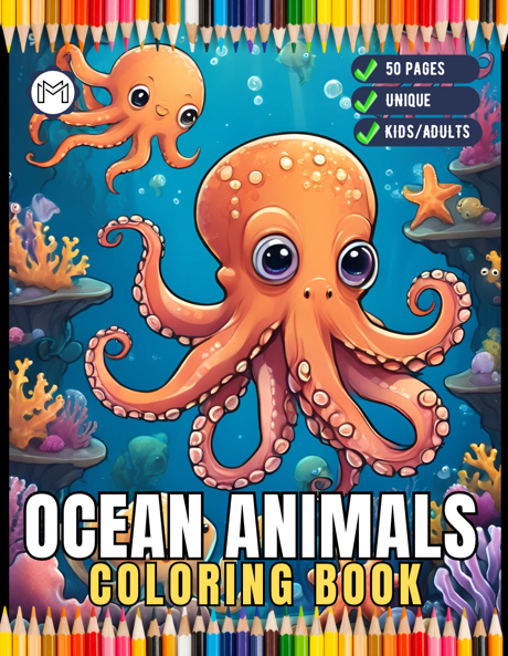 Ocean Animals Cute Deep Sea Creatures Fish Coloring Book Gift for Adults Kids Boys Girls Teens 50 Pages Sea Life Easy Fish Coloring Pages