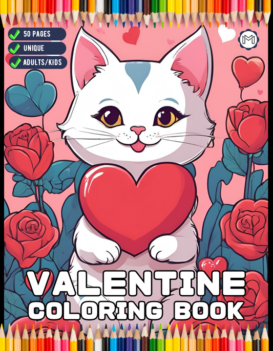 50 Pages Cute Cat Kitten Valentine Day Coloring Book Gift for Adults Kids Men Women Boys Girls Teens Youth Valentine's Day Coloring Sheets