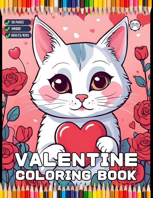Cute Cat Kitten Valentine Day Coloring Book Gift for Adults Kids Men Women Boys Girls Teens Youth 50 Pages Valentine's Day Coloring Sheets