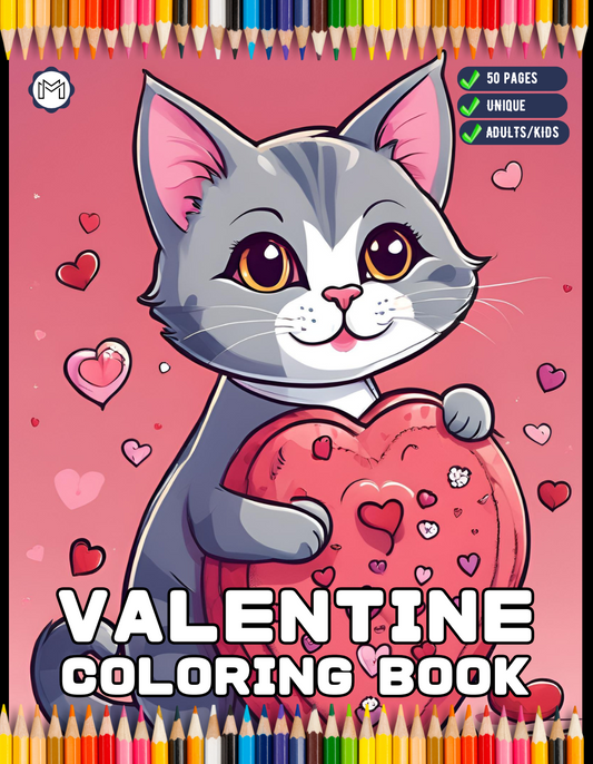 50 Pages Cute Cat Kitten Valentine Day Coloring Book Gift for Adults Kids Men Women Boys Girls Teens Youth Valentine's Day Coloring Sheets