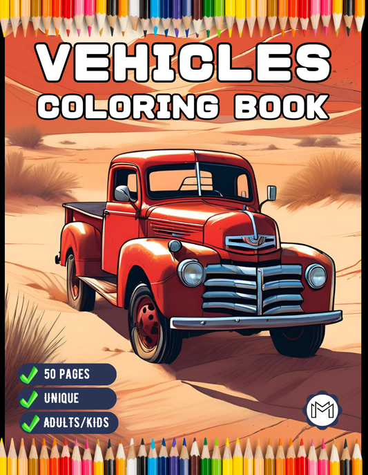 50 Pages Cute Vehicles Cars Coloring Book Gift for Adults Kids Men Women Boys Girls Teens Stress Relief Relaxation Coloring Book Bold Easy