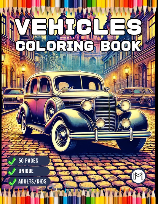 50 Pages Cute Vehicles Cars Coloring Book Gift for Adults Kids Men Women Boys Girls Teens Youth Bold Easy Vehicle Coloring Activity Sheets