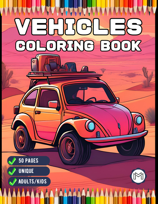 Cute Vehicles Cars Coloring Book Gift for Adults Kids Men Women Boys Girls Teens Youth 50 Pages Bold Easy Vehicle Coloring Activity Sheets
