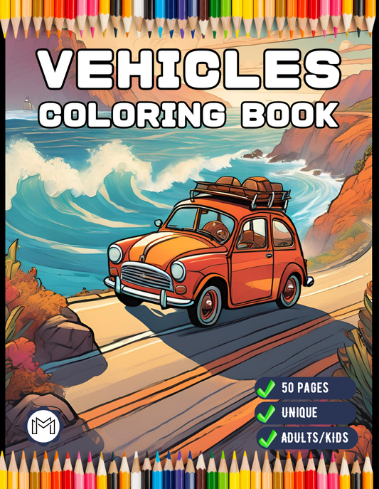 50 Pages Cute Vehicles Cars Coloring Book Gift for Adults Kids Men Women Boys Girls Teens Youth Bold Easy Vehicle Coloring Activity Sheets