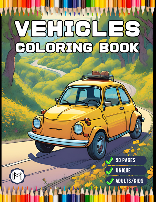 50 Pages Cute Vehicles Cars Coloring Book Gift for Adults Kids Men Women Boys Girls Teens Youth Bold Easy Vehicle Coloring Activity Sheets