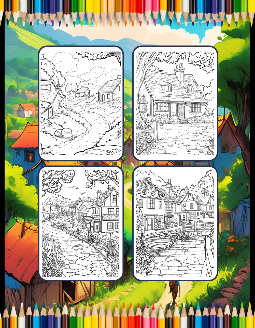 50 Pages Cozy Village Coloring Book Christmas Holiday Gift for Adults Kids Men Women Boys Girls Teens Fairy Village Coloring Activity Book