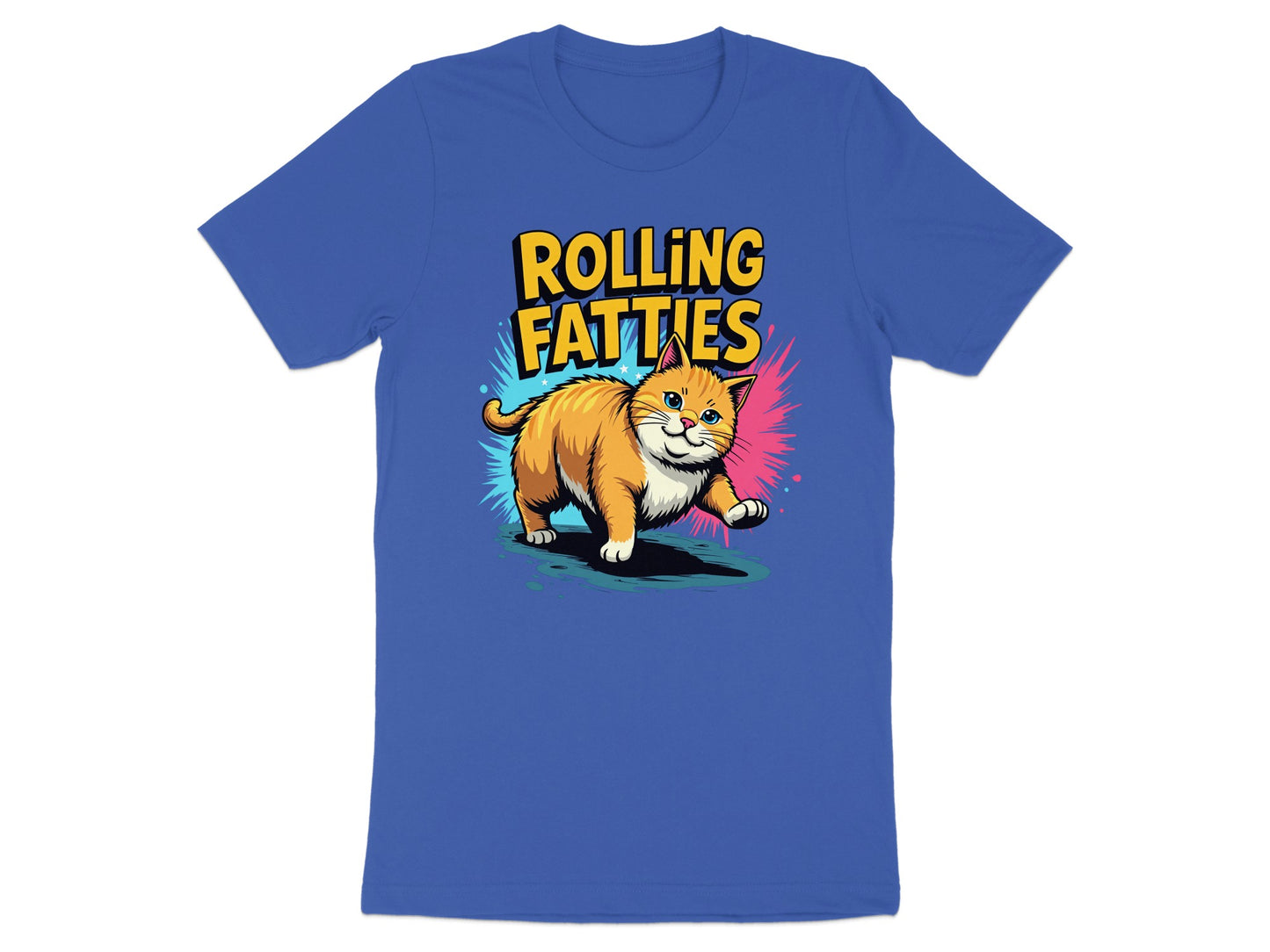 Blue t-shirt with cartoon orange cat and "ROLLING FATTIES" text.