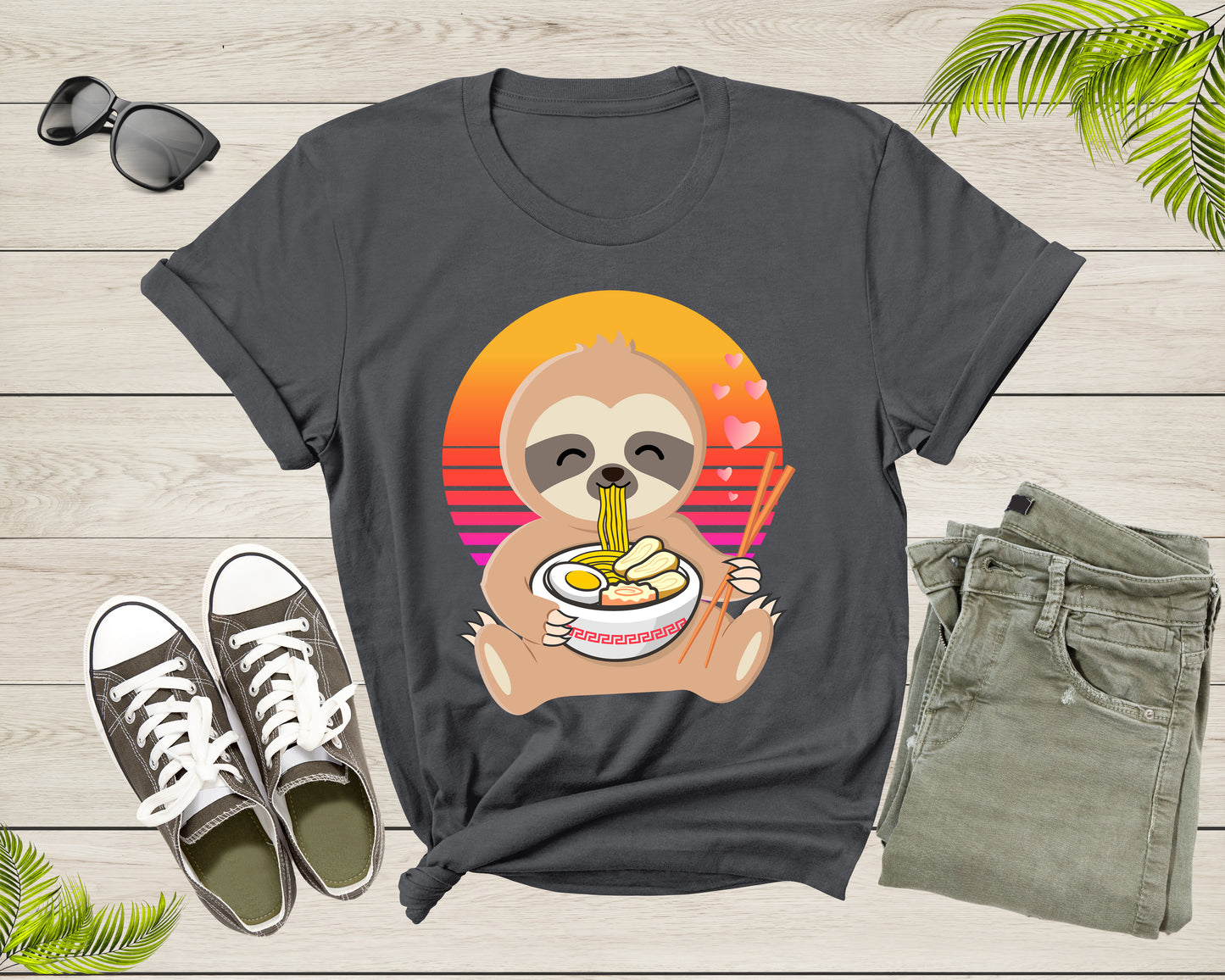 Cute Sloth Mascot Eating Japanese Ramen Noodle Retro Sunset T-Shirt Sloth Lover Gift T Shirt for Men Women Kids Boys Girls Graphic Tshirt
