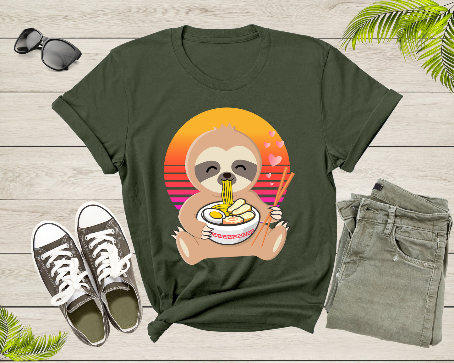 Cute Sloth Mascot Eating Japanese Ramen Noodle Retro Sunset T-Shirt Sloth Lover Gift T Shirt for Men Women Kids Boys Girls Graphic Tshirt