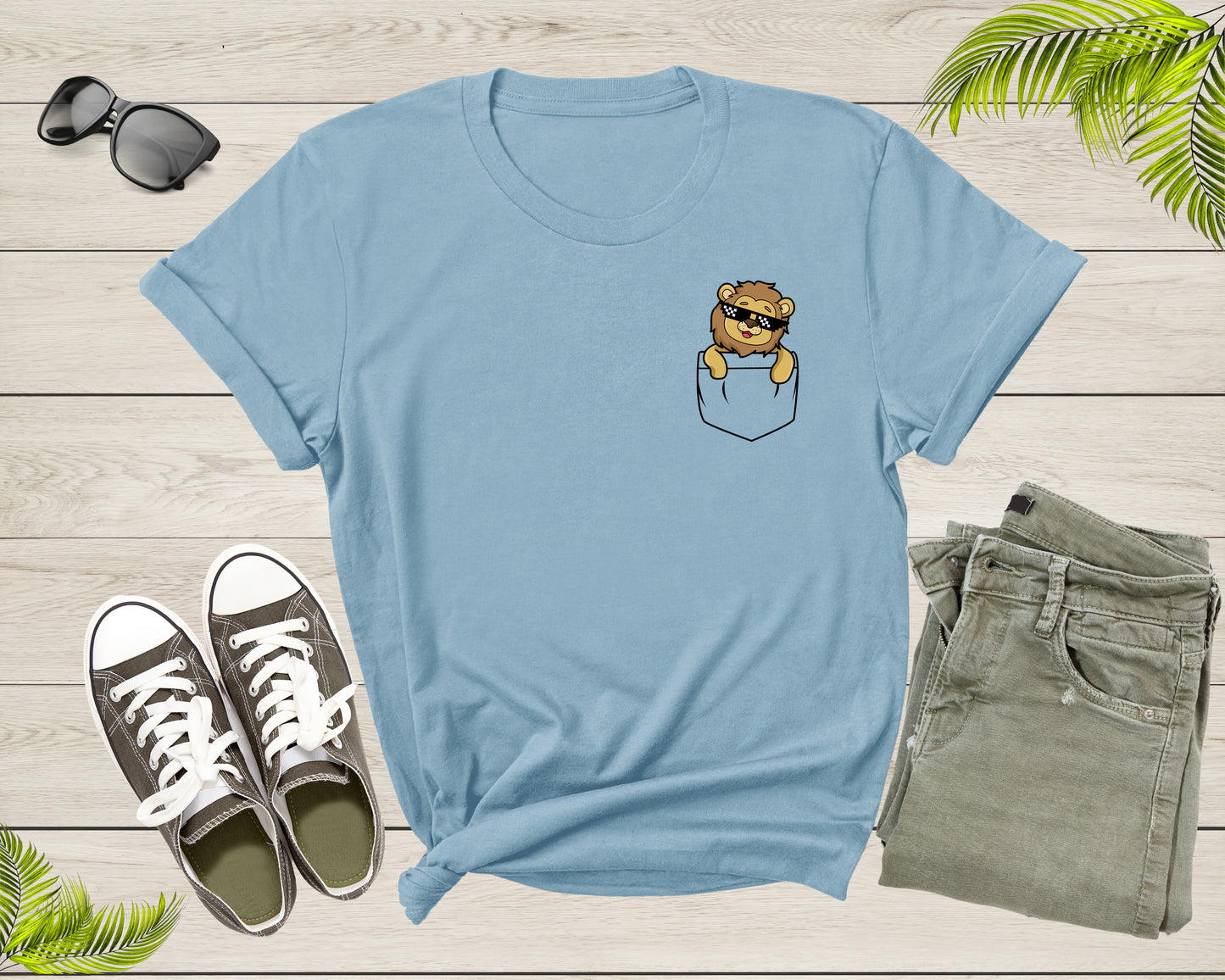Cool Funny Lion in the Pocket with Meme Sunglasses Animal T-Shirt King Lion T Shirt Gift for Men Women Kids Boys Girls Pocket Lion Tshirt