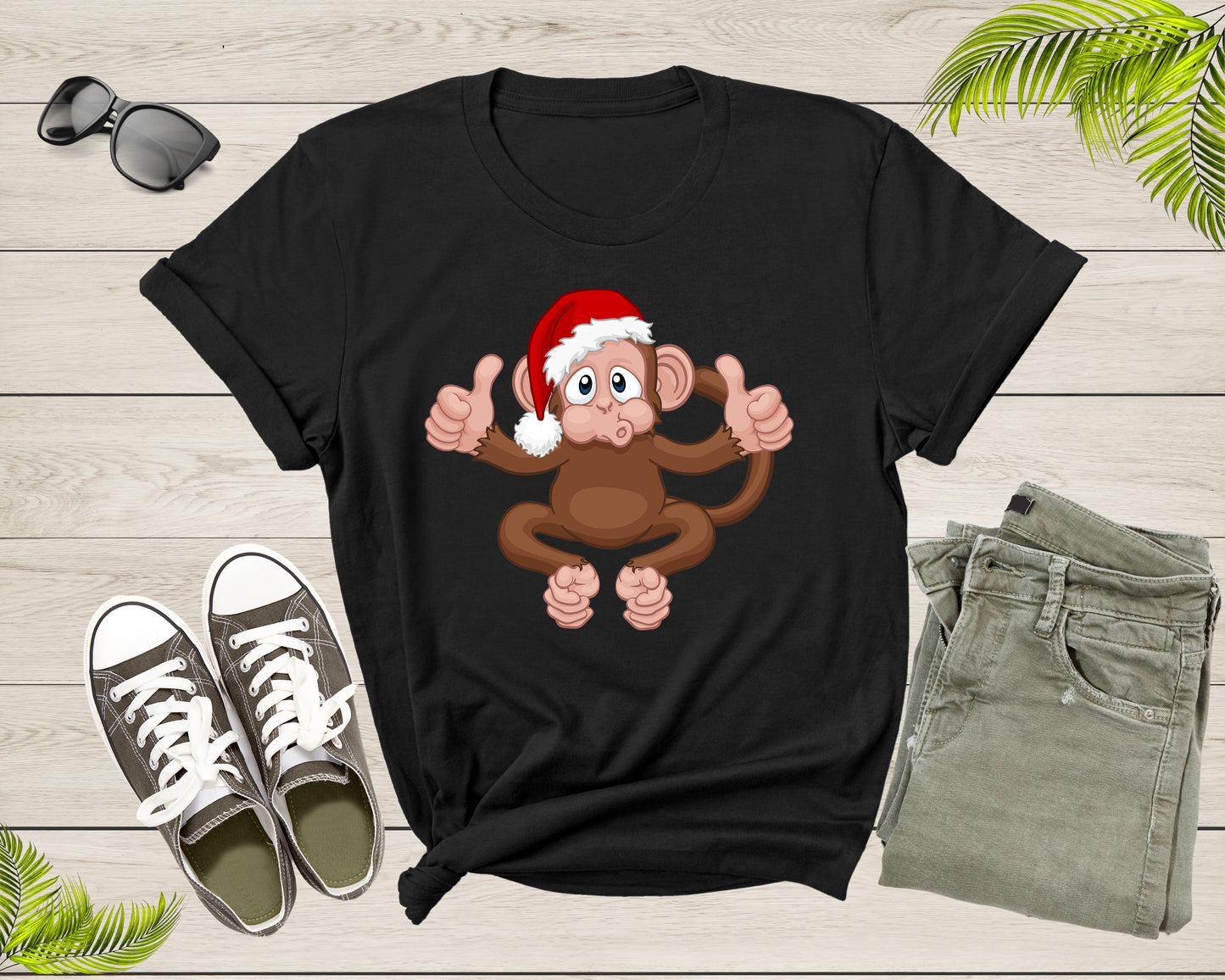 Fun Monkey Wearing Xmas Hat Cute Animal Cartoon Character T-Shirt Monkey Lover Gift T Shirt for Men Women Kids Boys Girls Graphic Tshirt