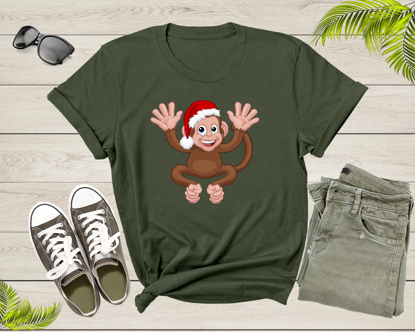Fun Monkey Wearing Xmas Hat Cute Animal Cartoon Character T-Shirt Monkey Lover Gift T Shirt for Men Women Kids Boys Girls Graphic Tshirt